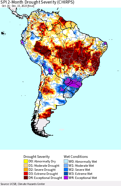 South America SPI 2-Month Drought Severity (CHIRPS) Thematic Map For 10/16/2023 - 12/15/2023
