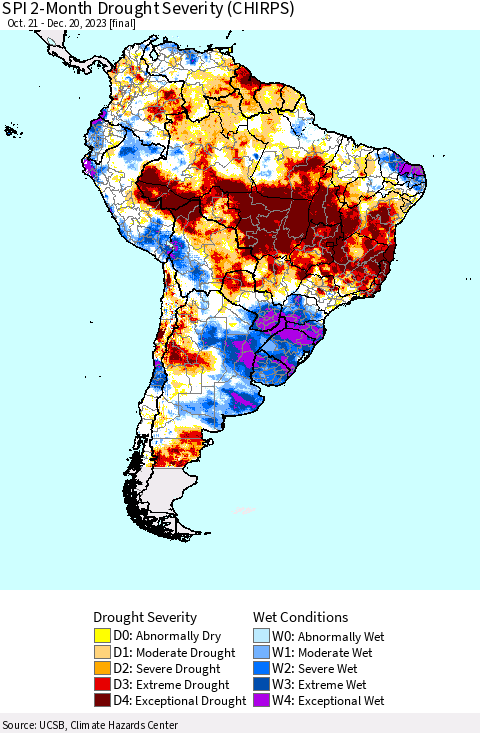South America SPI 2-Month Drought Severity (CHIRPS) Thematic Map For 10/21/2023 - 12/20/2023