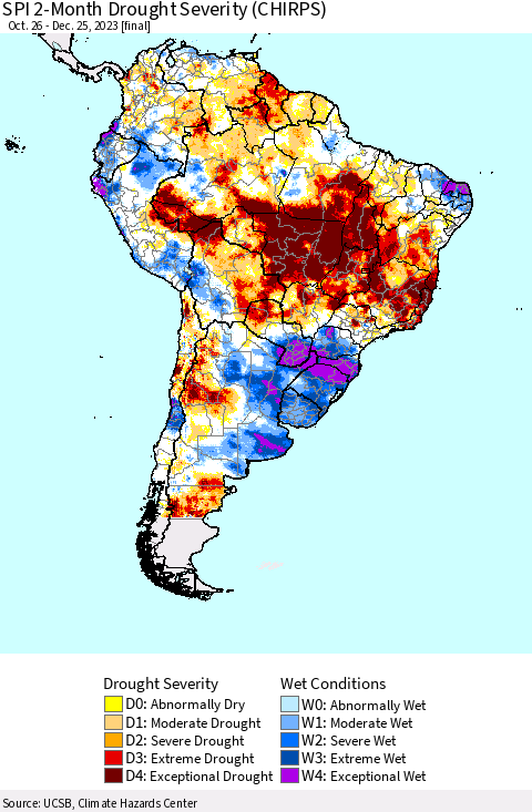 South America SPI 2-Month Drought Severity (CHIRPS) Thematic Map For 10/26/2023 - 12/25/2023