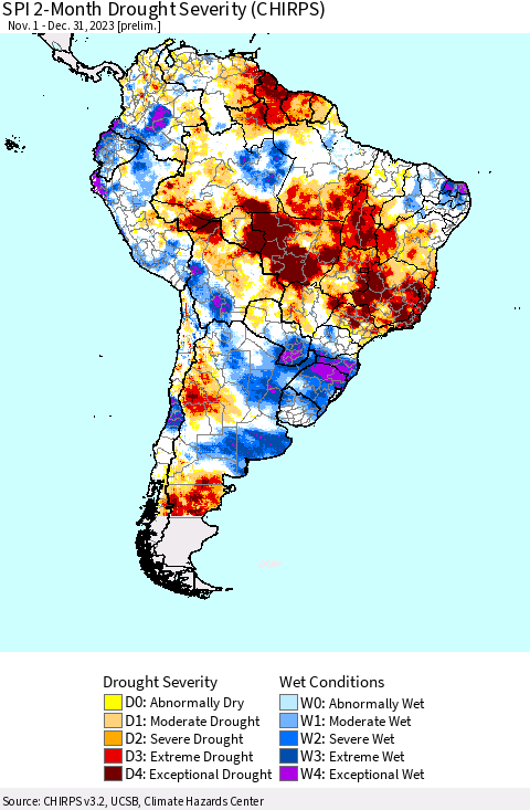 South America SPI 2-Month Drought Severity (CHIRPS) Thematic Map For 11/1/2023 - 12/31/2023