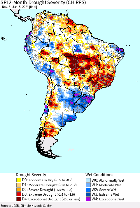 South America SPI 2-Month Drought Severity (CHIRPS) Thematic Map For 11/6/2023 - 1/5/2024