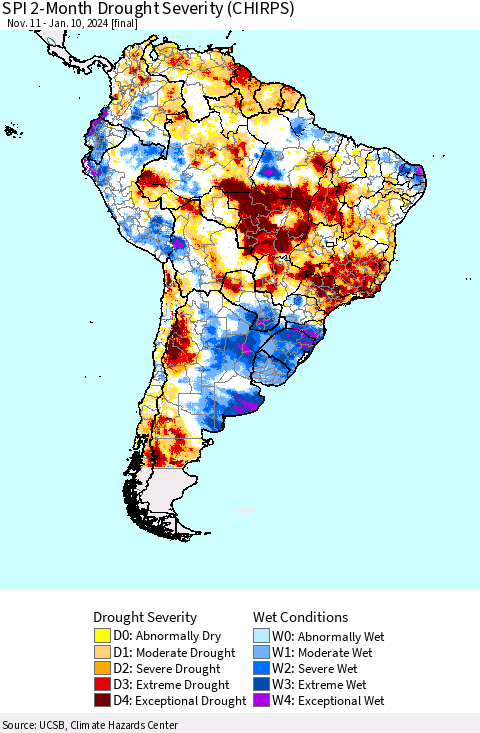 South America SPI 2-Month Drought Severity (CHIRPS) Thematic Map For 11/11/2023 - 1/10/2024