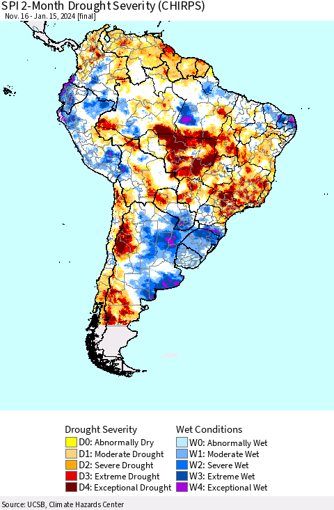 South America SPI 2-Month Drought Severity (CHIRPS) Thematic Map For 11/16/2023 - 1/15/2024