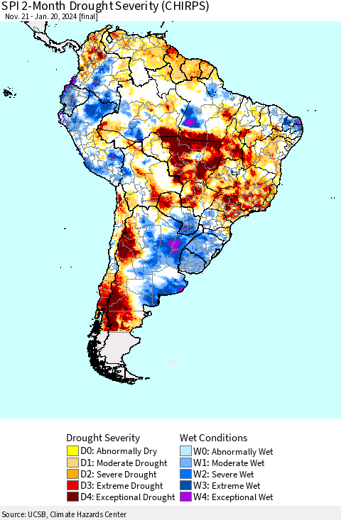 South America SPI 2-Month Drought Severity (CHIRPS) Thematic Map For 11/21/2023 - 1/20/2024