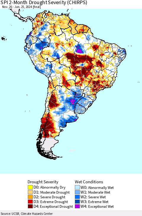 South America SPI 2-Month Drought Severity (CHIRPS) Thematic Map For 11/26/2023 - 1/25/2024
