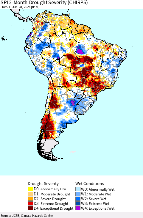 South America SPI 2-Month Drought Severity (CHIRPS) Thematic Map For 12/1/2023 - 1/31/2024
