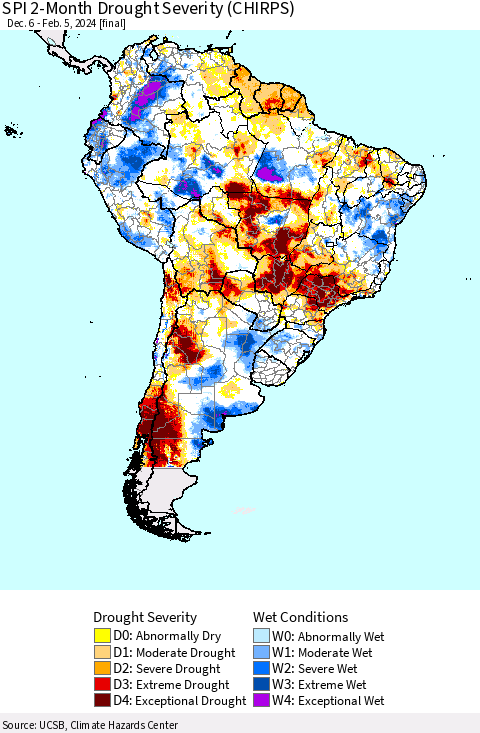 South America SPI 2-Month Drought Severity (CHIRPS) Thematic Map For 12/6/2023 - 2/5/2024