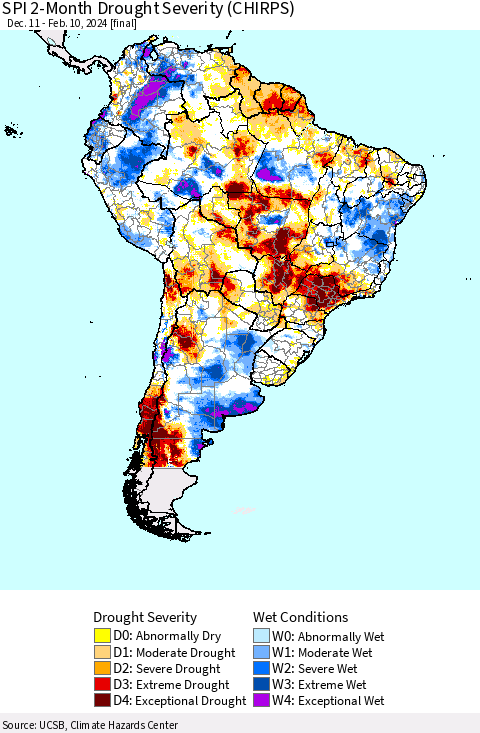 South America SPI 2-Month Drought Severity (CHIRPS) Thematic Map For 12/11/2023 - 2/10/2024