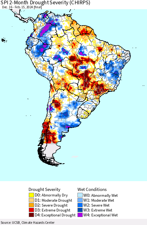 South America SPI 2-Month Drought Severity (CHIRPS) Thematic Map For 12/16/2023 - 2/15/2024