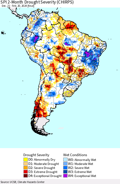 South America SPI 2-Month Drought Severity (CHIRPS) Thematic Map For 12/21/2023 - 2/20/2024