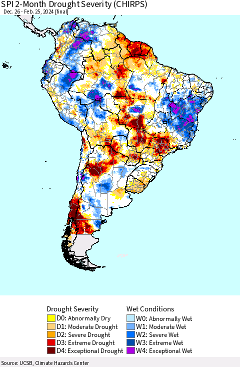 South America SPI 2-Month Drought Severity (CHIRPS) Thematic Map For 12/26/2023 - 2/25/2024