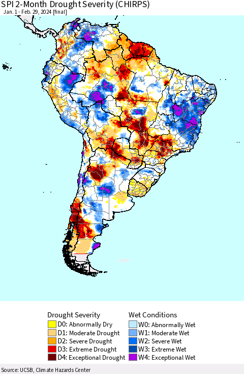 South America SPI 2-Month Drought Severity (CHIRPS) Thematic Map For 1/1/2024 - 2/29/2024