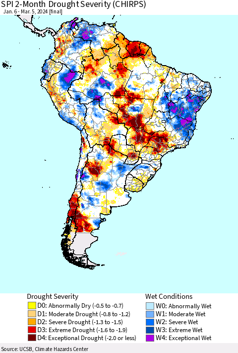 South America SPI 2-Month Drought Severity (CHIRPS) Thematic Map For 1/6/2024 - 3/5/2024