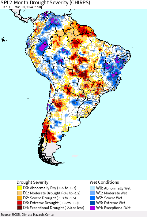 South America SPI 2-Month Drought Severity (CHIRPS) Thematic Map For 1/11/2024 - 3/10/2024