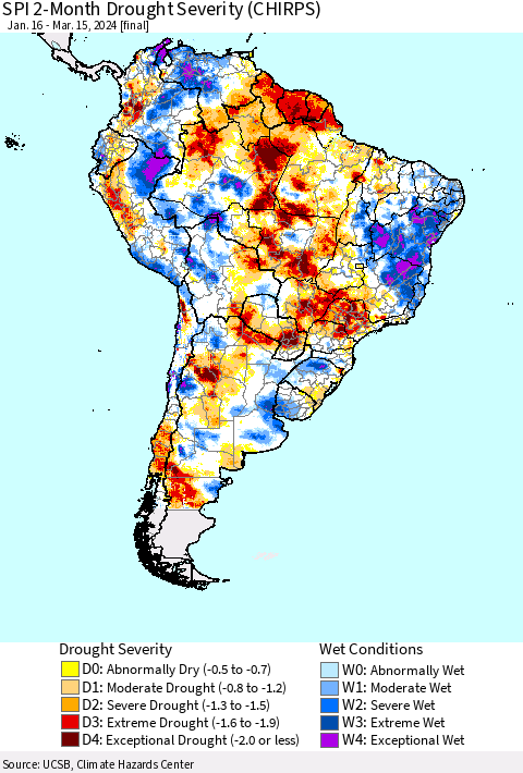 South America SPI 2-Month Drought Severity (CHIRPS) Thematic Map For 1/16/2024 - 3/15/2024