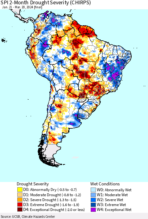 South America SPI 2-Month Drought Severity (CHIRPS) Thematic Map For 1/21/2024 - 3/20/2024