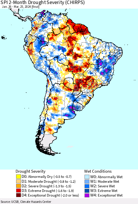 South America SPI 2-Month Drought Severity (CHIRPS) Thematic Map For 1/26/2024 - 3/25/2024