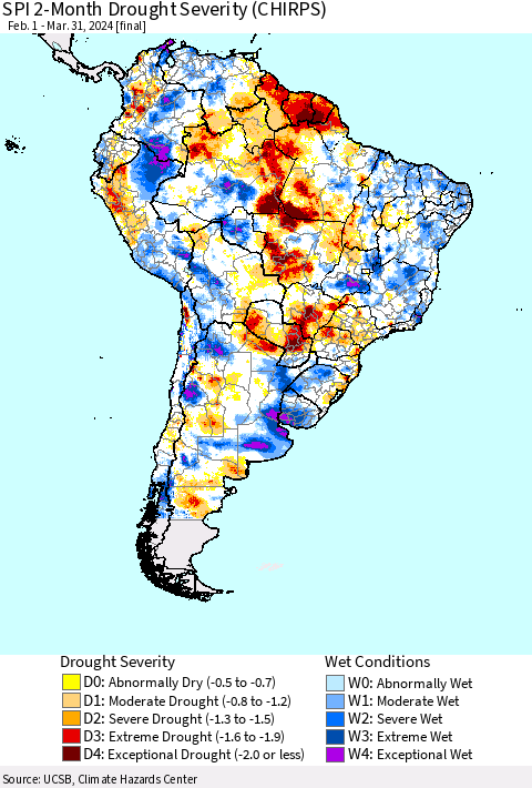 South America SPI 2-Month Drought Severity (CHIRPS) Thematic Map For 2/1/2024 - 3/31/2024