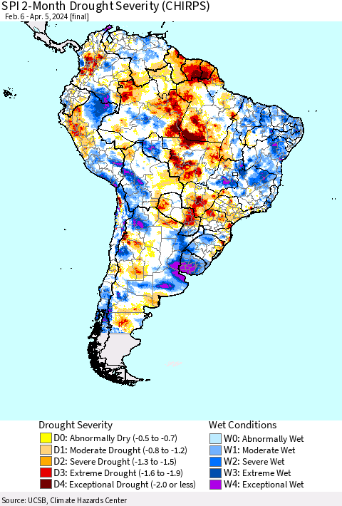 South America SPI 2-Month Drought Severity (CHIRPS) Thematic Map For 2/6/2024 - 4/5/2024