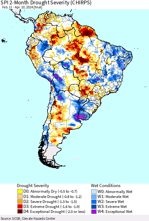 South America SPI 2-Month Drought Severity (CHIRPS) Thematic Map For 2/11/2024 - 4/10/2024