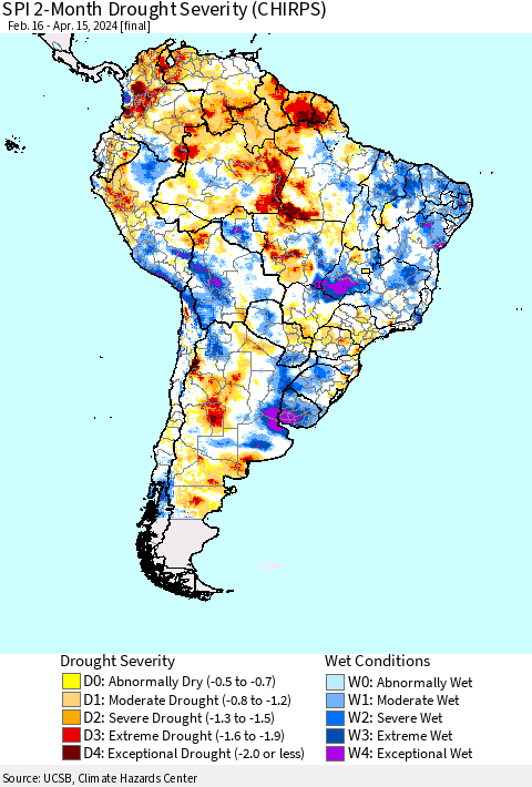 South America SPI 2-Month Drought Severity (CHIRPS) Thematic Map For 2/16/2024 - 4/15/2024
