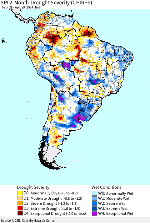 South America SPI 2-Month Drought Severity (CHIRPS) Thematic Map For 2/21/2024 - 4/20/2024