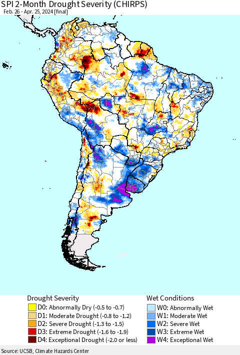 South America SPI 2-Month Drought Severity (CHIRPS) Thematic Map For 2/26/2024 - 4/25/2024