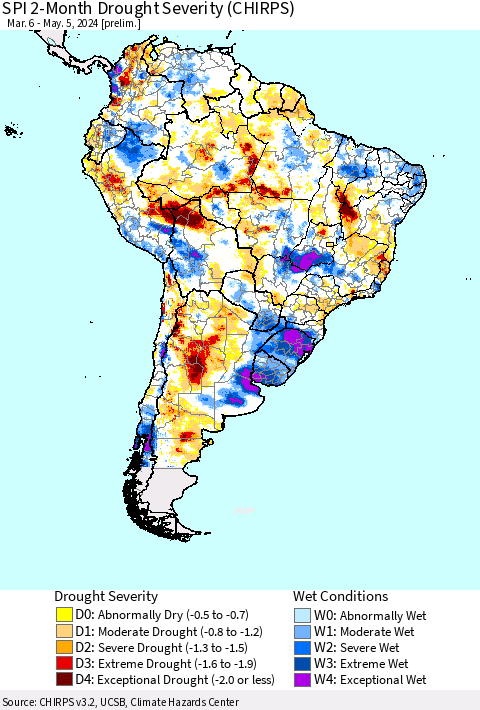 South America SPI 2-Month Drought Severity (CHIRPS) Thematic Map For 3/6/2024 - 5/5/2024
