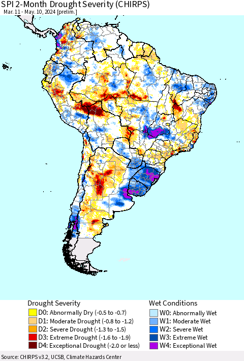South America SPI 2-Month Drought Severity (CHIRPS) Thematic Map For 3/11/2024 - 5/10/2024