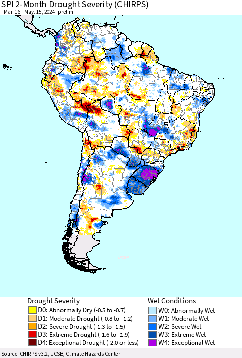 South America SPI 2-Month Drought Severity (CHIRPS) Thematic Map For 3/16/2024 - 5/15/2024