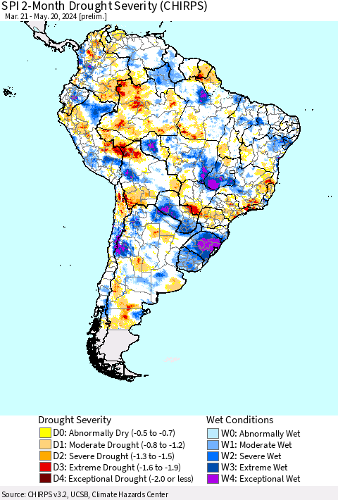 South America SPI 2-Month Drought Severity (CHIRPS) Thematic Map For 3/21/2024 - 5/20/2024