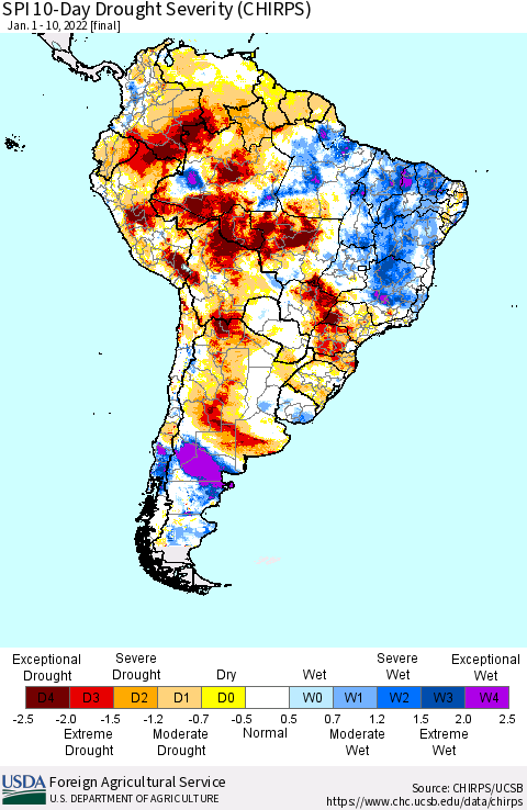 South America SPI 10-Day Drought Severity (CHIRPS) Thematic Map For 1/1/2022 - 1/10/2022
