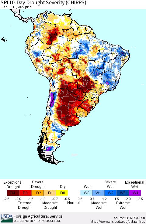 South America SPI 10-Day Drought Severity (CHIRPS) Thematic Map For 1/6/2022 - 1/15/2022