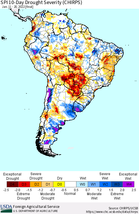South America SPI 10-Day Drought Severity (CHIRPS) Thematic Map For 1/11/2022 - 1/20/2022