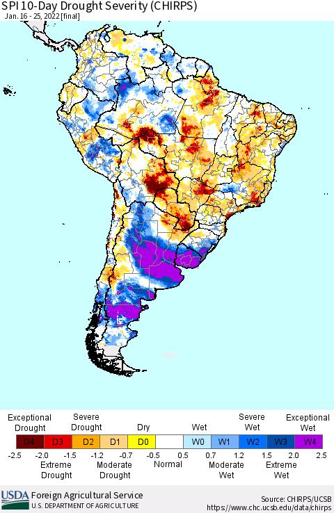 South America SPI 10-Day Drought Severity (CHIRPS) Thematic Map For 1/16/2022 - 1/25/2022