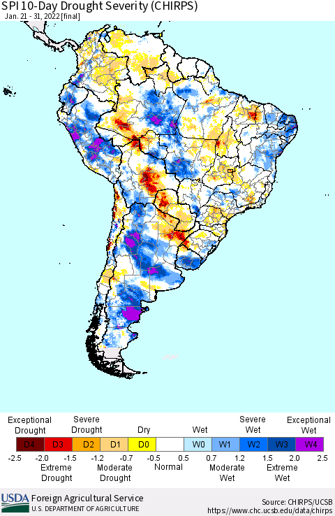 South America SPI 10-Day Drought Severity (CHIRPS) Thematic Map For 1/21/2022 - 1/31/2022
