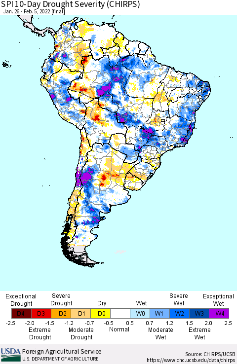South America SPI 10-Day Drought Severity (CHIRPS) Thematic Map For 1/26/2022 - 2/5/2022