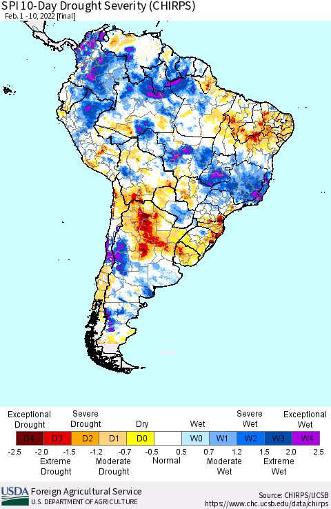 South America SPI 10-Day Drought Severity (CHIRPS) Thematic Map For 2/1/2022 - 2/10/2022