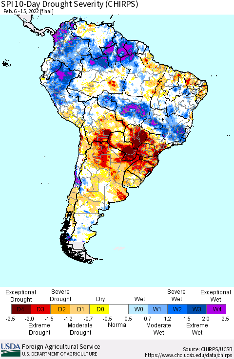 South America SPI 10-Day Drought Severity (CHIRPS) Thematic Map For 2/6/2022 - 2/15/2022