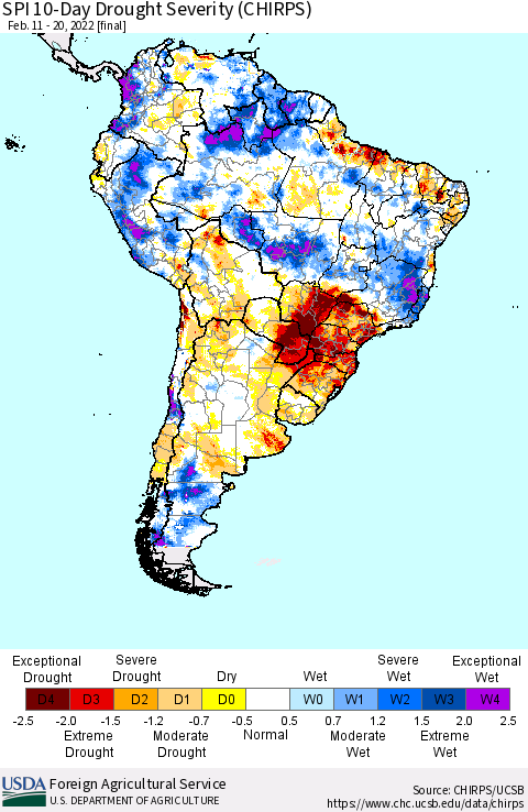 South America SPI 10-Day Drought Severity (CHIRPS) Thematic Map For 2/11/2022 - 2/20/2022