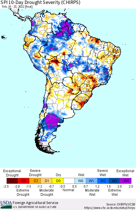 South America SPI 10-Day Drought Severity (CHIRPS) Thematic Map For 2/16/2022 - 2/25/2022