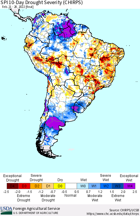 South America SPI 10-Day Drought Severity (CHIRPS) Thematic Map For 2/21/2022 - 2/28/2022