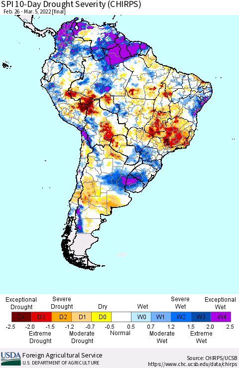 South America SPI 10-Day Drought Severity (CHIRPS) Thematic Map For 2/26/2022 - 3/5/2022