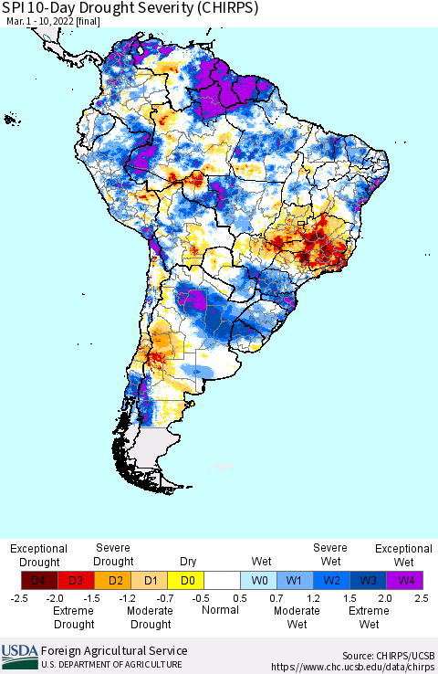 South America SPI 10-Day Drought Severity (CHIRPS) Thematic Map For 3/1/2022 - 3/10/2022