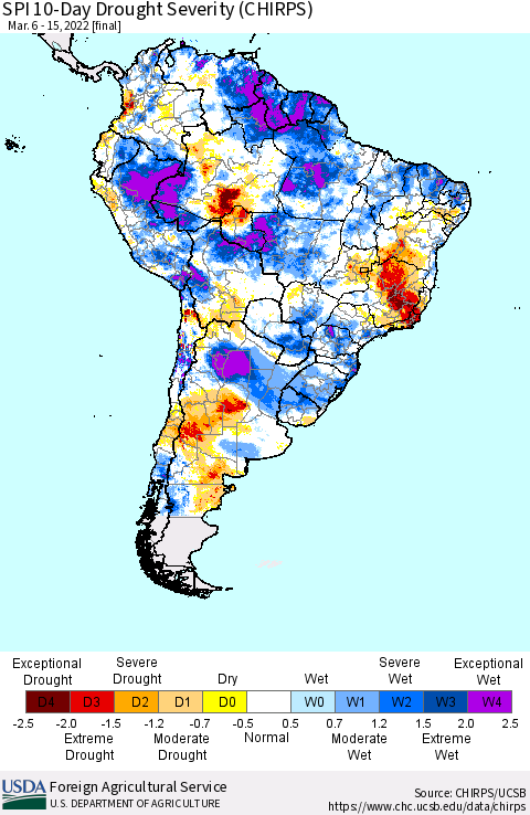 South America SPI 10-Day Drought Severity (CHIRPS) Thematic Map For 3/6/2022 - 3/15/2022