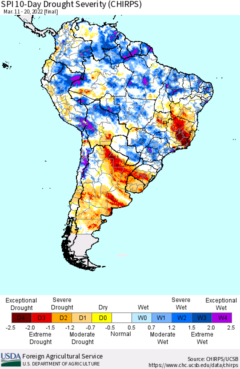 South America SPI 10-Day Drought Severity (CHIRPS) Thematic Map For 3/11/2022 - 3/20/2022