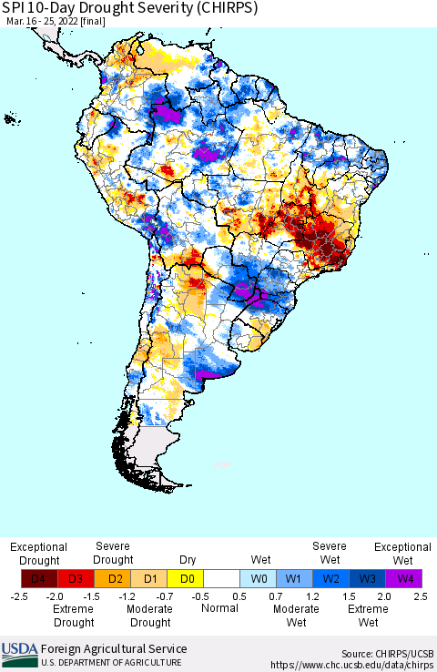 South America SPI 10-Day Drought Severity (CHIRPS) Thematic Map For 3/16/2022 - 3/25/2022