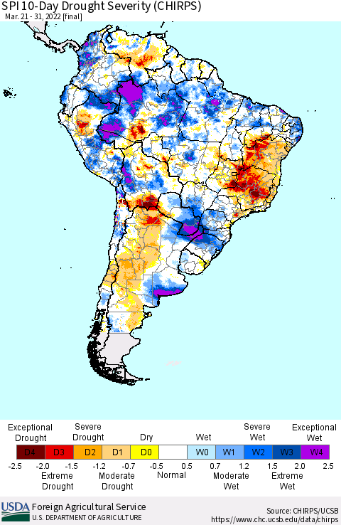 South America SPI 10-Day Drought Severity (CHIRPS) Thematic Map For 3/21/2022 - 3/31/2022
