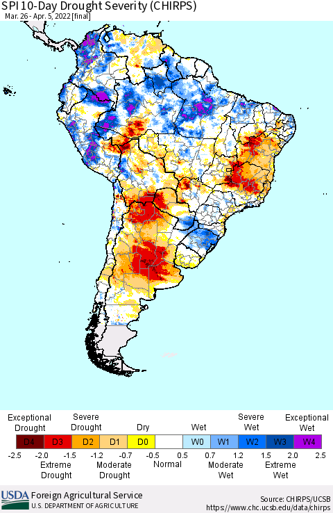 South America SPI 10-Day Drought Severity (CHIRPS) Thematic Map For 3/26/2022 - 4/5/2022