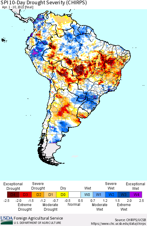 South America SPI 10-Day Drought Severity (CHIRPS) Thematic Map For 4/1/2022 - 4/10/2022